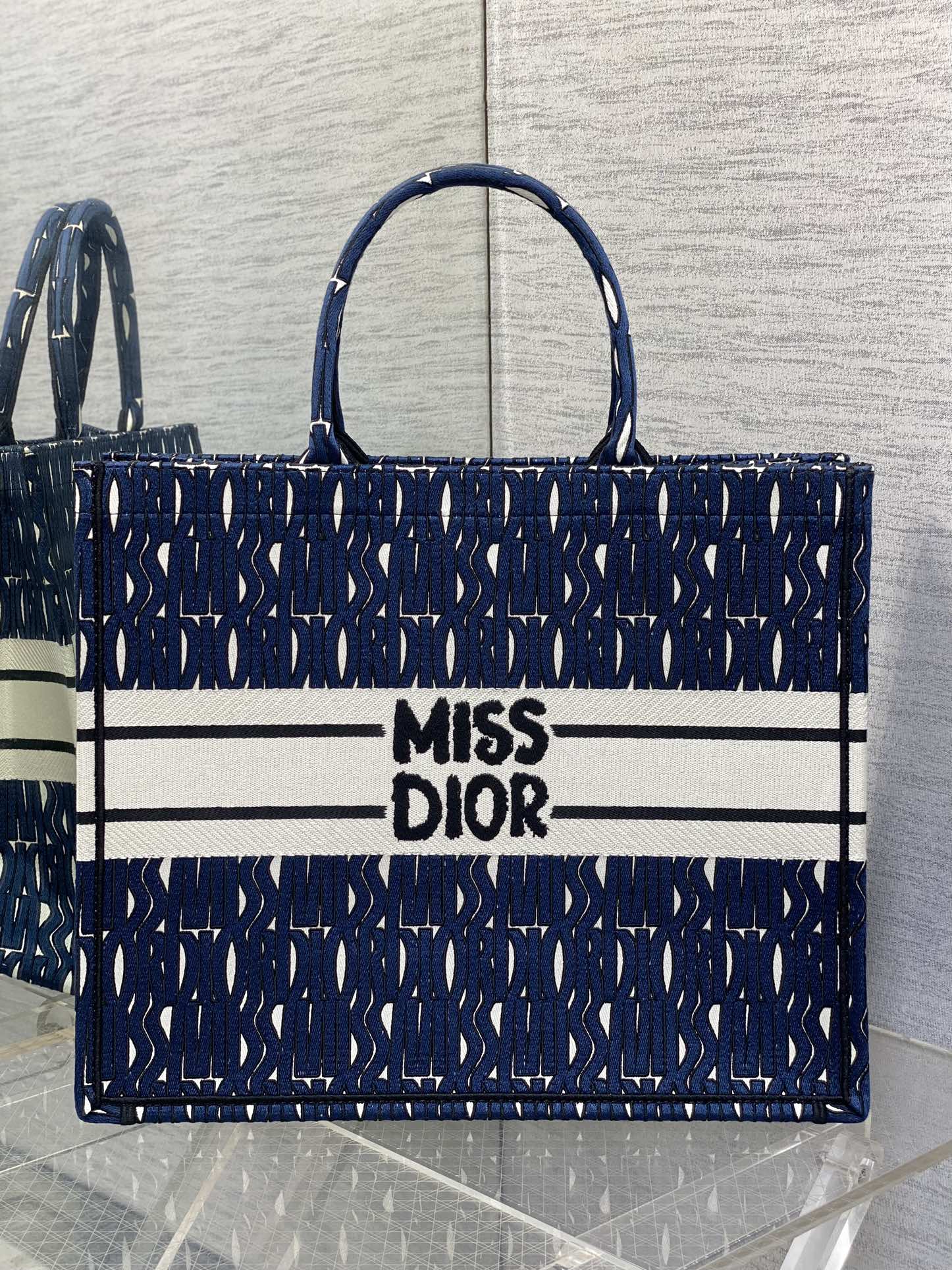 Large Dior Book Tote Bag Blue and White Miss Dior Allover Embroidery